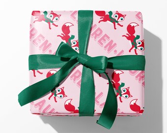 Pink Christmas Fox Name Wrapping Paper, Personalized Custom Woodland Animal Gift Wrap, Baby & Kids