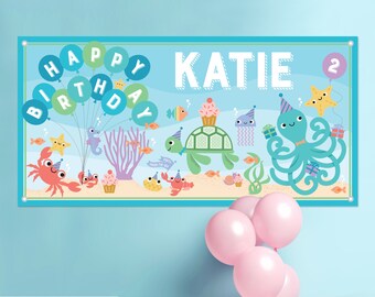 Under the Sea Party Birthday Banner Personalized Name, Custom Baby Kids Ocean Backdrop Sign Decoration