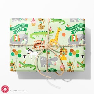 Safari Jungle Party Animal Birthday Wrapping Paper, Personalized Name Baby & Kids
