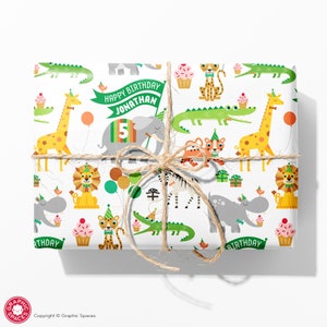 Safari Jungle Party Animal Birthday Wrapping Paper, Personalized Name Baby & Kids