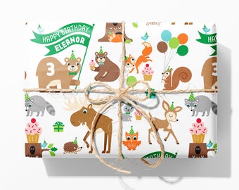 Woodland Party Animal Birthday Wrapping Paper, Personalized Name Custom Gift Wrap, Baby & Kids