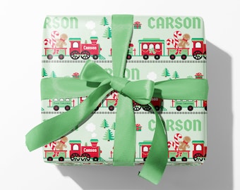 Christmas Train Wrapping Paper, Personalized Name, Custom Holiday Gift Wrap, Baby, Kids