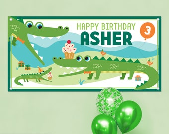 Alligator Birthday Banner Personalized Name, Custom Baby Kids Crocodile Party Backdrop Sign Decoration