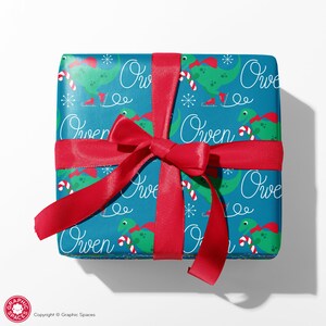 Christmas Dinosaur Wrapping Paper, Personalized Name, Ice Skating T-Rex, Custom Dino Gift Wrap, Baby & Kids