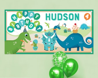 Dinosaur Birthday Banner Personalized Name, Custom Baby Kids Dino Party Backdrop Sign Decoration