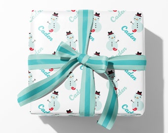 Christmas Snowman Wrapping Paper, Personalized Name, Custom Holiday Gift Wrap, Baby, Kids