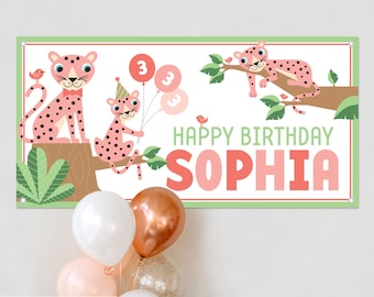 Cheetah Birthday Banner Personalized Name, Custom Baby Kids Leopard Jaguar Safari Jungle Animal Party Decoration