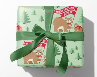 Christmas Bear Name Wrapping Paper, Personalized Woodland Gift Wrap, Baby & Kids