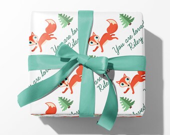 Woodland Fox Name Wrapping Paper, Personalized Custom Gift Wrap, Baby Shower, Kids