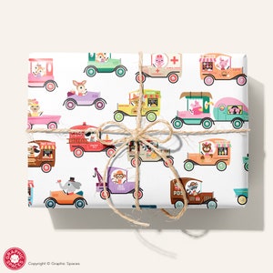 Animals in Cars & Trucks Vehicle Wrapping Paper, Boy or Girl Birthday Party, Father&#39;s Day, Kids All Occasion