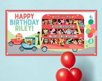 Animal Zoo London Bus Birthday Party Banner Personalized Name, Custom Kids Animals in Cars Transportation Party Decoration