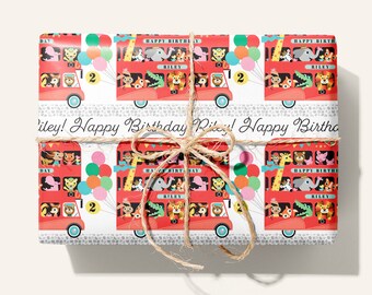 Animal Zoo London Bus Birthday Wrapping Paper, Personalized Name Custom Gift Wrap, Baby & Kids