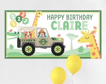 Safari Jeep GIRL Birthday Banner Personalized Name, Pastel Jungle Custom Kids Photo Backdrop Sign
