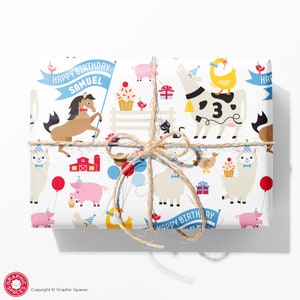 Farm Animal Party Birthday Name Wrapping Paper, Personalized Custom Barnyard Gift Wrap, Baby & Kids