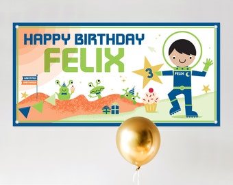 Space Astronaut BOY Birthday Banner Personalized Name, Custom Baby Kids Party Backdrop Decoration
