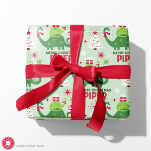 Christmas Dinosaur Wrapping Paper, Personalized Brontosaurus Custom Dino Gift Wrap, Baby & Kids
