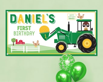 Tractor BOY Birthday Banner Personalized Name, Custom Kids Farm Photo Backdrop Sign