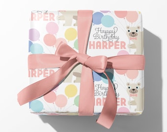 Birthday Bear Name Wrapping Paper, Personalized Woodland Animal Custom Gift Wrap, Baby & Kids