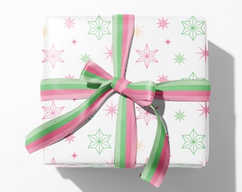 Pink Christmas Star Wrapping Paper, Classic Holiday Gift Wrap