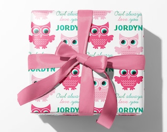 Valentine Owl Wrapping Paper, Personalized Name Custom Woodland Animal Gift Wrap, Baby Shower, Kids