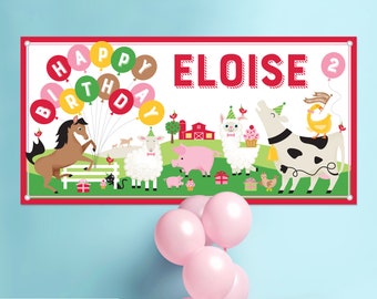 Farm Party Animal Birthday Banner Personalized Name, Custom Baby Kids Backdrop Sign