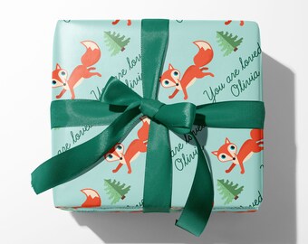 Woodland Fox Name Wrapping Paper, Personalized Custom Gift Wrap, Baby Shower, Kids