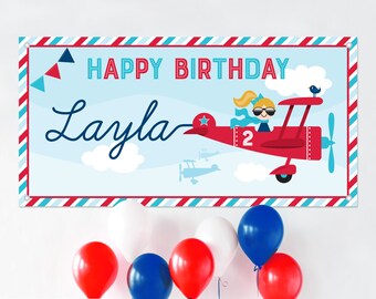 Airplane GIRL Birthday Banner Personalized Name, Custom Kids Photo Backdrop Sign