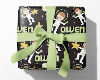 Astronaut Boy Name Wrapping Paper, Personalized Outer Space Custom Gift Wrap, Birthday, Baby & Kids