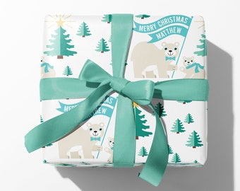 Christmas Bear Name Wrapping Paper, Personalized Woodland Pastel Gift Wrap, Baby & Kids