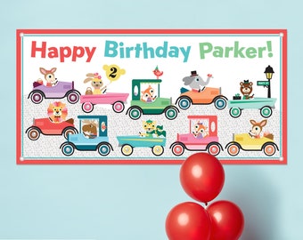 Car Birthday Party Banner Personalized Name, Rainbow Color Retro Vintage Animals in Cars, Custom Baby Kids Party Decoration