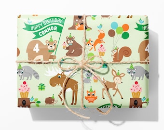 Woodland Party Animal Birthday Wrapping Paper, Personalized Name Custom Gift Wrap, Baby & Kids