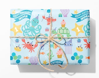 Under the Sea Birthday Wrapping Paper, Personalized Name, Pastel Ocean Custom Gift Wrap, Baby & Kids