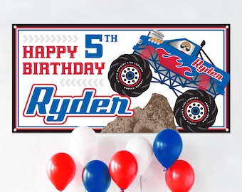 Monster Truck Birthday Banner Personalized Name, Custom Photo Backdrop Sign for Kids Party