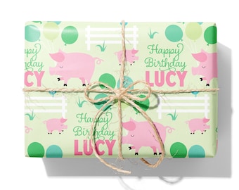Pig Birthday Name Wrapping Paper, Personalized Farm Custom Gift Wrap, Pastel Baby & Kids