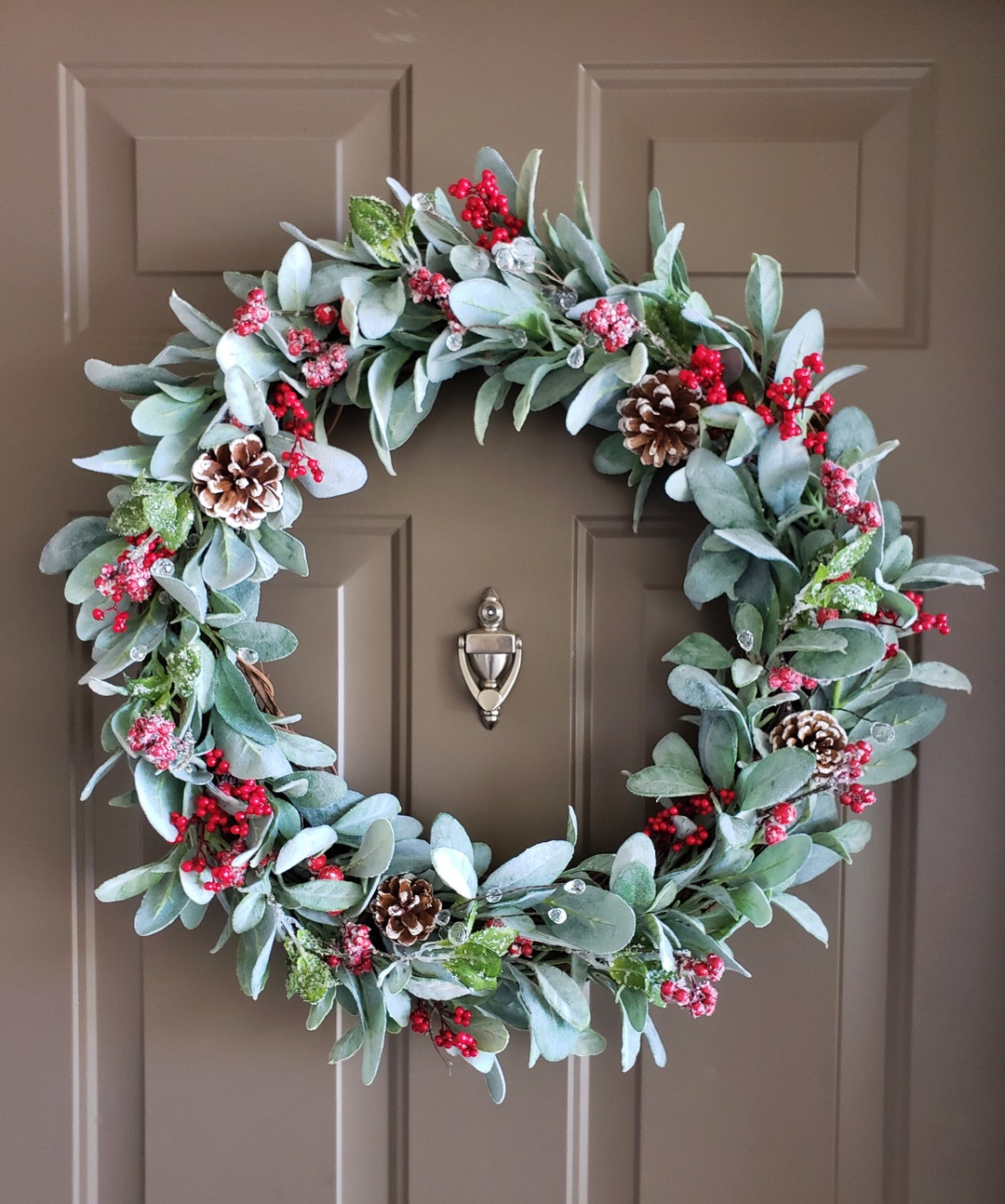 Winter Wreath for Front Door Lamb's Ear Wreath Red Berry Wreath ...