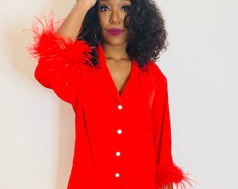 Red Ostrich Feather Pajama  | Party Pajamas Set with Detachable Feathers