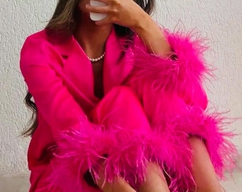 Next Day Shipping! Hot Pink REAL Ostrich Feather Pajama Set! Valentine Gift! Party Pajamas Set in PINK!