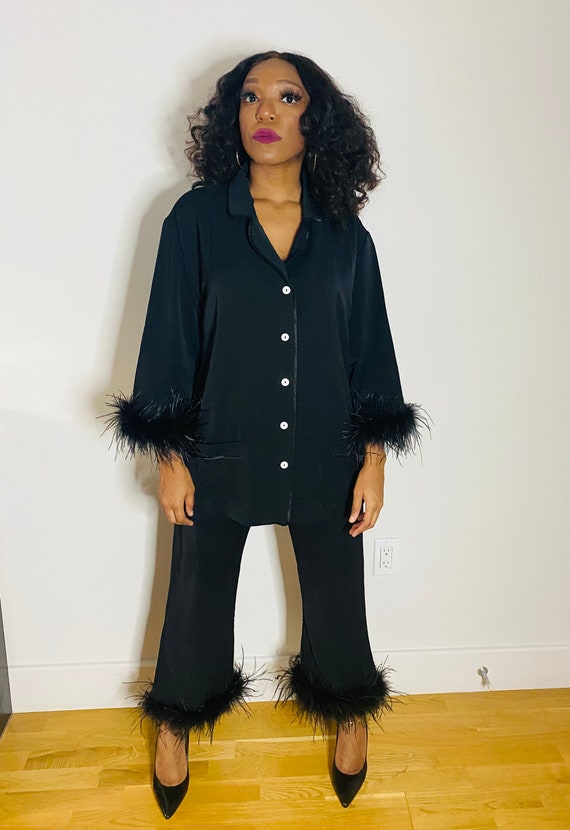 Black REAL Ostrich Feather Pajama Set Party Pajamas Set in BLACK