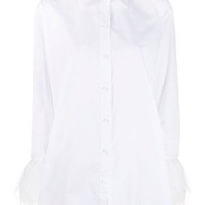 Next Day Shipping | White Feather Trimmed Cotton Poplin  Shirt | Feather | REAL Ostrich Feather Cuffs Shirt | Spring Top