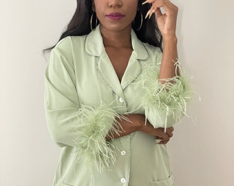 Red Ostrich Feather Pajama Set | Party Pajamas Set with Detachable Feathers in Mint Green