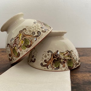 Könnte beinhalten: Zwei antike Keramikschalen mit weißem Hintergrund und aufwendigen Blumendesigns in Braun-, Grün- und Goldtönen. Die Schalen sind übereinander gestapelt.