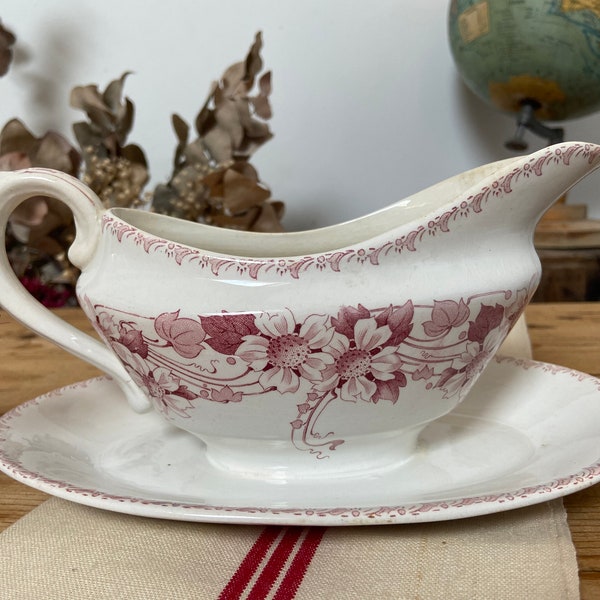 Gravy boat "Lucien" BOCH FRERES BFK pink iron earth Belgian manufacture floral decor - Antique Vintage Ironstone -