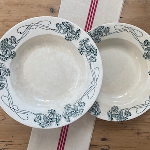 Set of 2 soup plates &quot;Pallas&quot; SARREGUEMINES green iron earth floral decoration - Antique French Vintage Ironstone -