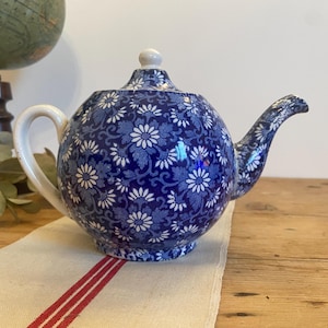 SARREGUEMINES French Ironstone Teapot in the Style of the Persian Pattern Blue Flowers Very Rare - Antique French Vintage Ironstone -