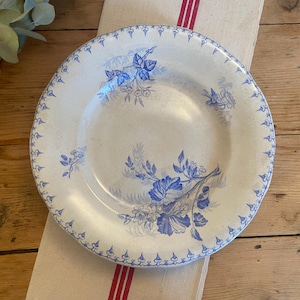 SARREGUEMINES &quot;Flore&quot; footed plate presentation plate rare ironstone blue decor - Antique French Vintage Ironstone -