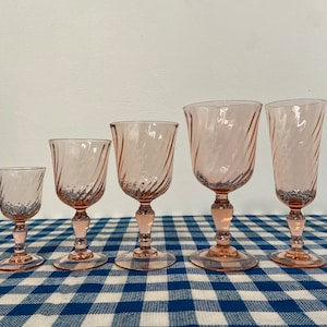 Rosaline Arcoroc stemmed glasses in pink glass of various sizes, water glass, red wine, white wine, liqueur, vintage champagne flute