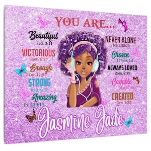 Personalized Biblical Affirmations Canvas Wall Art: Purple Sparkle Room Decor, Black Girl You Are Scriptures
