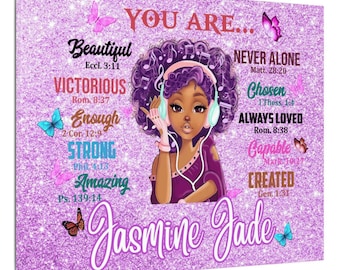Arte murale su tela con affermazioni bibliche personalizzate: decorazione per la stanza con brillantini viola, ragazza nera, tu sei le Scritture