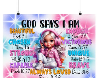 Dio dice che sono abbastanza, poster da parete cristiano / affermazione di fede per ragazze / regalo decorativo con le Scritture