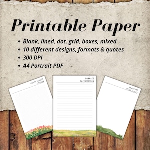 Papel digital Flora para escribir / Imprimible / Rayado, sin rayar, punteado, con etiqueta de día / Citas motivacionales / Descarga instantánea
